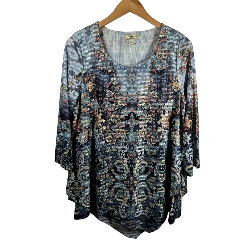 One World Top Women M Blue Floral 3/4 Sleeve Boho Asymmetrical Spring Business